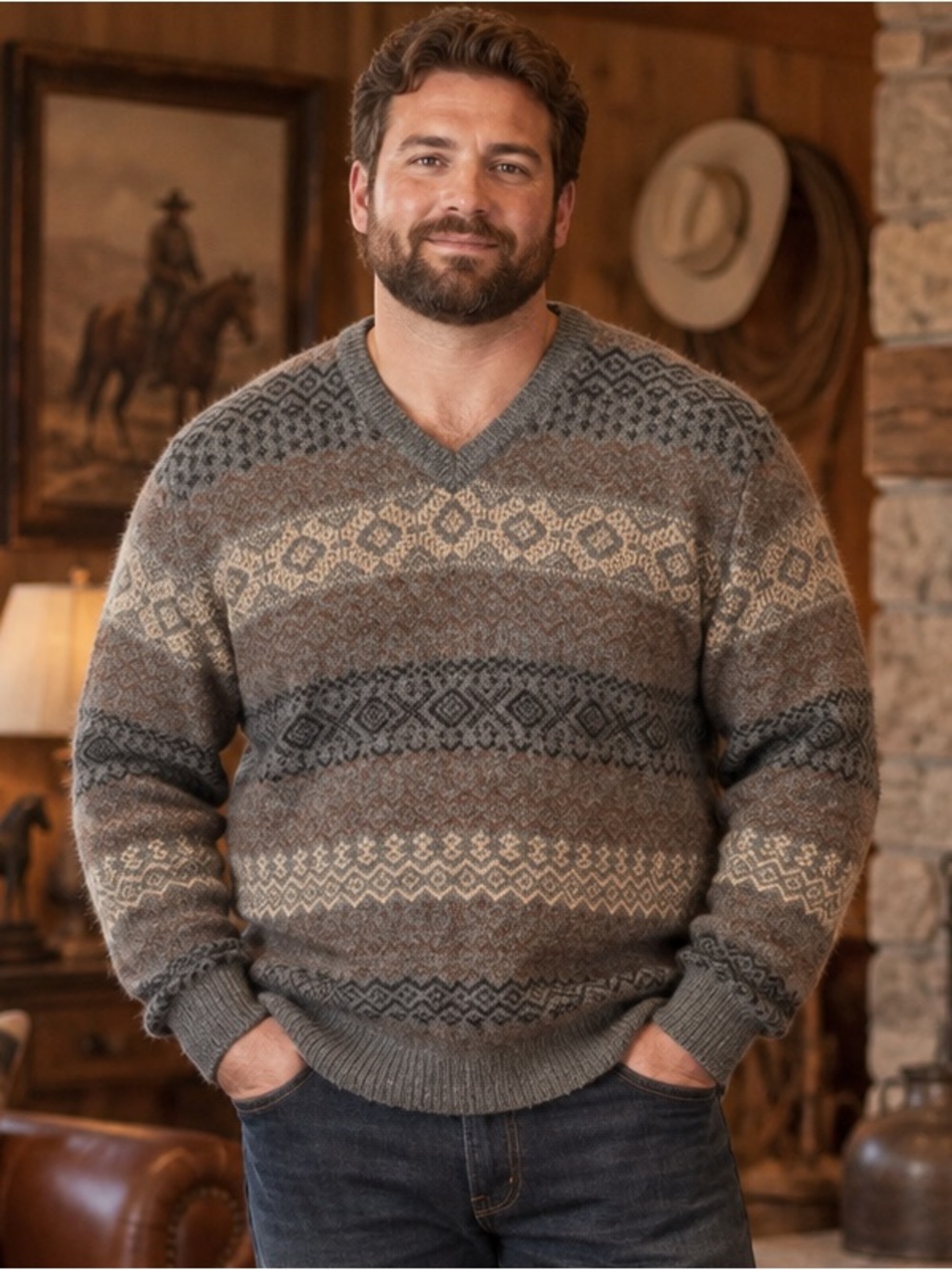 J.S.A. Bank Reserve XL Wool Blend Fair Isle Nordic V Neck Sweater